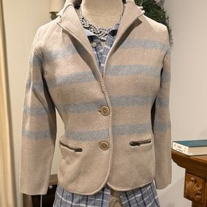Talbots Beige and Blue Striped cardigan jacket size M petite